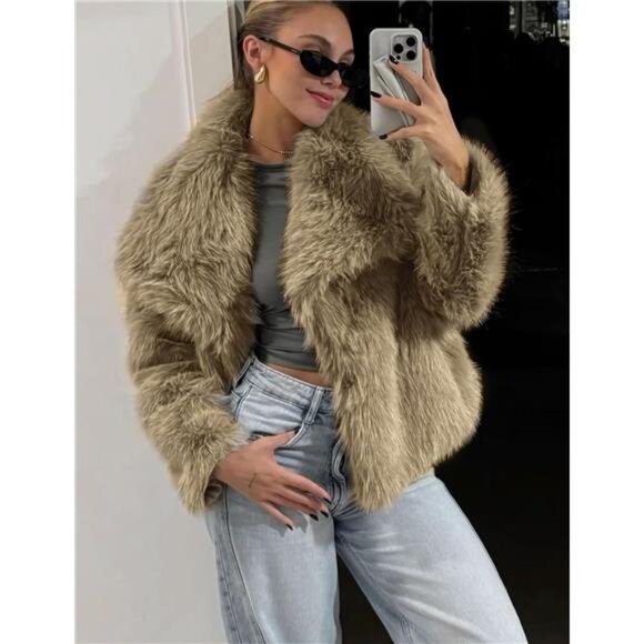 Womens Faux Fur Coat Lapel Open Front Fluffy Shaggy Jacket Khaki - Picture 2 of 6